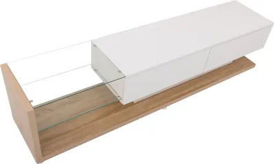 Produktbild von Fortuna Lai Hochglanz-TV-Lowboard mit Glastrennwand, dimmbarer LED-Beleuchtung, modernes Weiß- und Holzdesign