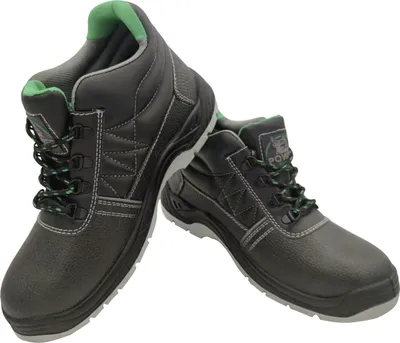 A pair of black and green safety boots.