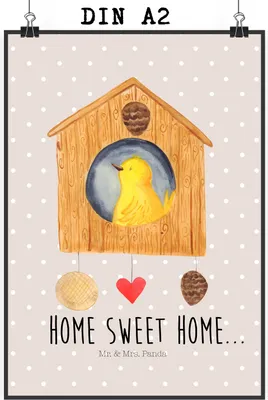 Produktbild von Mr. & Mrs. Panda Bild Vogelhaus Home DIN A2 - Beige Pastell - Geschenk, Haus, Hausbau, wanddeko, Plakat, Posterdruck, Wandbild, Kunstdruck, Umzug, Vogel, Lustige Sprüche