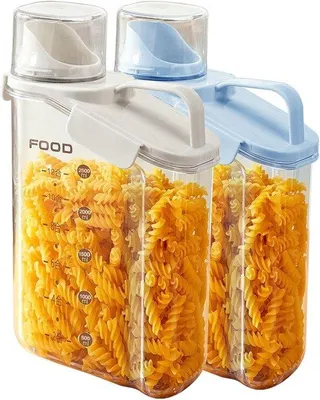 Obrázek produktu pro Plastové nádoby, sada o objemu 2,8 litru, do kuchyně, vzduchotěsné, plastové nádoby s víkem, odměrky, vhodné pro skladování těstovin, rýže a krmiva pro domácí mazlíčky, 2 ks (modrá + bílá)