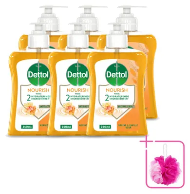 Productafbeelding van 6 x Dettol Nourish handzeep - Honing & Vanille - 250 ml - Voordeelverpakking - 6 stuks