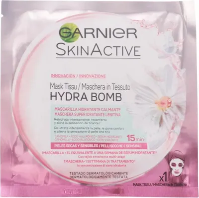 Produktbild von Garnier Skin Active Hydra Bomb, Feuchtigkeitsspendende Maske, Frauen, trockene Haut, Empflindliche Haut, Feuchtigkeitsspendend, Nährend, Revitalisierend, Beruhigend, Blätter, Hyaluronsäure