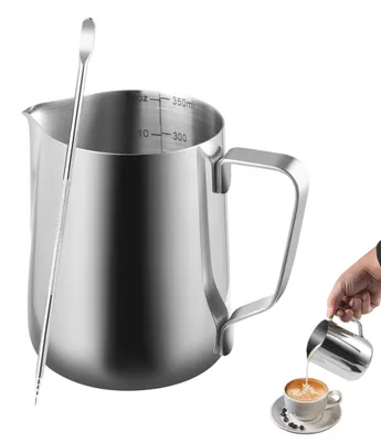 Produktbild von Milchkanne Milchaufschäumkanne Latte-Art-Kanne - 350 ml - Edelstahl 304 - Doppelte V-Tülle - Mit Latte-Art-Stift