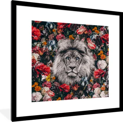 Produktbild von MuchoWow® MuchoWow® Gerahmtes Poster Löwen - Blumen - Farbe 40x40 cm - Poster mit zchwarzem Bilderrahmen - Poster - Plakat im Rahmen