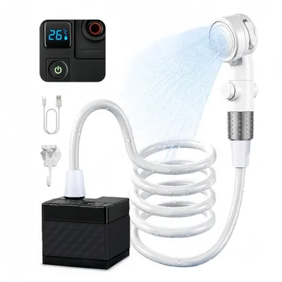 Produktbild von Tragbare Campingdusche,[7500mAh], LED-Anzeige, Wasserdurchfluss 15L/h, Camping Dusche mit Drei Wasserauslassmodi,Gartendusche mit 2 m Schlauch,Schwarz