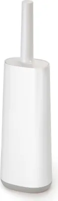 A white toilet brush with a gray base on a white background.
