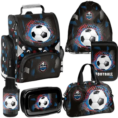 Produktbild von Schulranzen 6-tlg. Set für Mädchen & Jungen FOOTBALL – Paso Ranzen, Mäppchen, Tasche, Flasche, Frühstückstasche