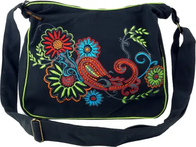 Produktbild von Schultertasche, Hippie Tasche, Goa Tasche - Schwarz/bunt, Uni - Erwachsene, Baumwolle, 23*28*12 cm, Alternative Umhängetasche, Handtasche aus Stoff