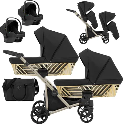 Produktbild von Kinderwagen IVENTO DUO GLAM 3 in 1 Zwillingskinderwagen Geschwisterwagen Zwillingsbuggy Doppelkinderwagen (Eco Black Pearl, Rahmen: champagne)
