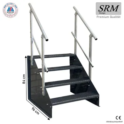 Obrázek produktu pro 4stupňové schodiště model 1 schodiště ocelové schodiště šířka 90 cm výška 84 cm kompletně antracitové se zábradlím na obou stranách