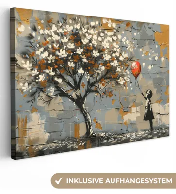 Produktbild von Leinwand Bilder 120x80 cm - Lebensbaum - Graffiti - Banksy-Stil - Ballonmädchen, Bilder, Wanddeko Wohnzimmer