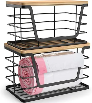Produktbild von 2er-Set Stapelbare Aufbewahrungsboxen mit Bambusdeckel, Küchen- & Waschraum Organizer, Müllbeutelspender & Aufbewahrungsregal -Wandmontage