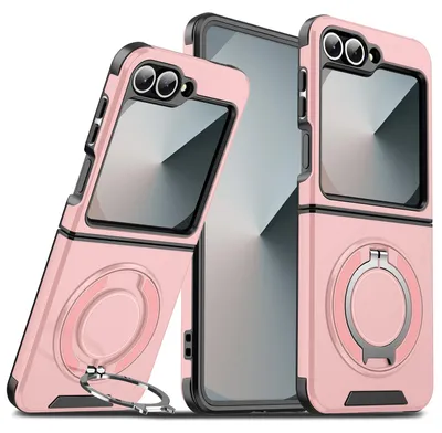 Produktbild von Handyhülle für Samsung Galaxy Z Flip6 / Z Flip7 SE Dual-Layer Stoßfest Militär Hülle mit Magnetisch Ring Ständer Pink