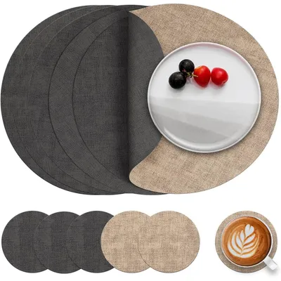 Productafbeelding van Tafelsets, vaatwasmachinebestendig, lederlook, rond, diameter 36 cm, set van 6, kleuren: grijs en beige