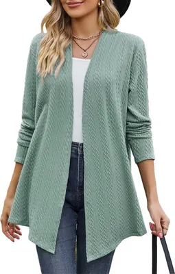 Image de ASKSA Cardigan Femme Cable Drapant Manches Longues Ouvert Devant Cardigan Élégant Pull, Vert, XL