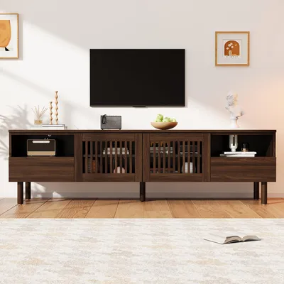 Produktbild von Merax TV-Lowboard mit 2 Gittertüren und 2 Schubladen, TV-Board mit offenen Fächern, TV-Schrank mit Kabelmanagement, Massivholzbeinen, MDF, Nussbaum