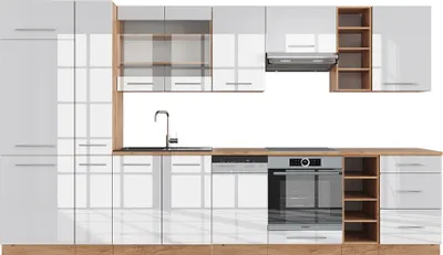 Produktbild von Küchenzeile Vicco Fame-Line Weiß Hochglanz/Goldkraft Eiche 355 cm ohne Arbeitsplatte, Model 38685