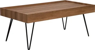 A rectangular coffee table with a wood-grain finish and black V-shaped legs, shown against a white background.