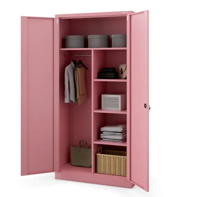 An open pink metal wardrobe with shelves and hanging clothes.