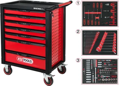 Produktbild von KS TOOLS 826.7215 RACINGline SCHWARZ/ROT Werkstattwagen mit 7 Schubladen und 215 Premium-Werkzeugen