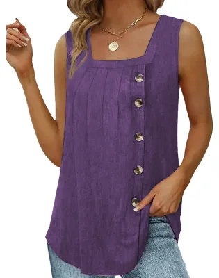 Produktbild von Ärmelloses Damen-Tanktop, locker geschnitten, eckiger Ausschnitt, Falten und Knopfleiste, Lila, XXL, für den Sommer, ideal zum Ausgehen