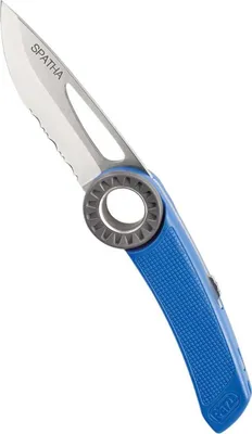 Das SPATHA-Messer von Petzl in Blau mit einer Klinge aus Edelstahl und einem ergonomischen Griff.