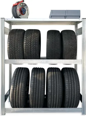 Produktbild von Reifenregal GRIP mit Ablage Stecksystem | HxBxT 158x134x53cm | 150kg Fachlast | bis zu 8 Reifen auf 2 Ebenen + Board | Verzinkt
