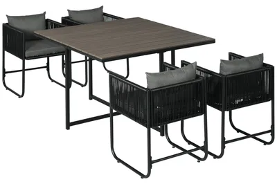 Produktbild von Outdoor Essgruppe, Gartengarnitur, 5-teilig, Polyrattan, Sitzkissen, wetterfest, Schwarz/Grau