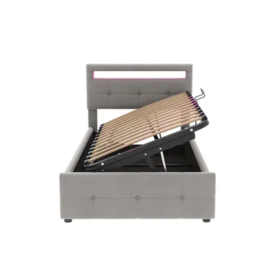 Produktbild von MODFU Boxspringbett Hydraulisches 90x200 cm mit LED-Beleuchtung, Polsterbett Stauraumbett mit Bettkasten Stauraum, Grau(Ohne Matratze)