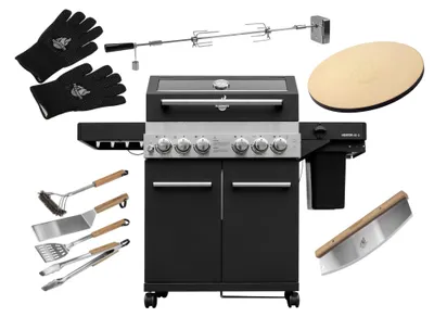 Produktbild von FEUERGOTT Gas-Grillstation Hektor 4B-S Pizza Set mit Abdeckhaube, Drehspieß, Pizzastein, Grillutensilien, Pizzaschneider, Infrarotbrenner, Heckbrenner, Seitenkocher