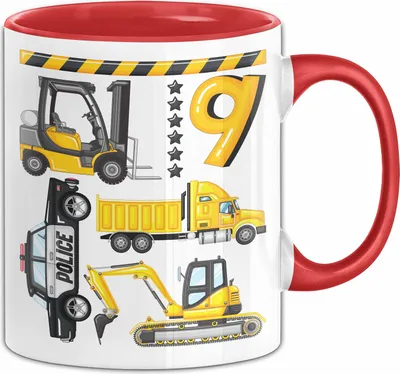 Produktbild von 9. Geburtstag Geschenk Tasse Becher Jungen Jungs Baustelle Polizei Geburtstagsgeschenk 9 (Rot)