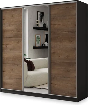 Produktbild von Masseno Schiebetürenschrank SORE 200/205/58 cm Kleiderschrank mit 4 Schubladen Schlafzimmer Schrank 3-türig mit Spiegel Schwarz / Eiche Lefkas