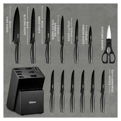 Produktbild von 14-teiliges Küchenmesserset mit Messerblock und integriertem Messerschärfer, schwarzes Messer Set, spülmaschinengeeignet