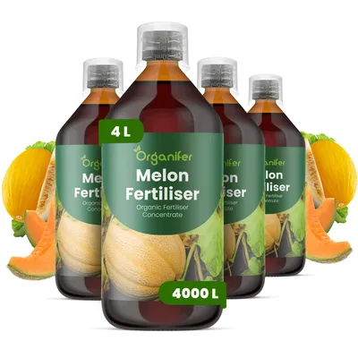 Obrázok produktu pre Melón, tekuté hnojivo 4x1 L – vzorec NPK 2-1-8 – vhodné pre záhrady, balkóny a skleníkové plodiny – značka Organifer