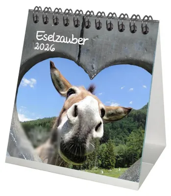 Produktbild von Eselzauber Tischkalender 10cm x 10cm für 2026 Esel - Geschenkset Inhalt: 1x Kalender 1x Weihnachtsanhänger 1x Grußanhänger (gesamt 3 Teile)