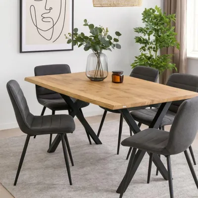 Produktbild von Massivholztisch Eiche 160x80 cm mit Baumkante – Esszimmertisch mit 4 cm Tischplatte & X-Metallgestell – moderner Esstisch , Natur Geölt