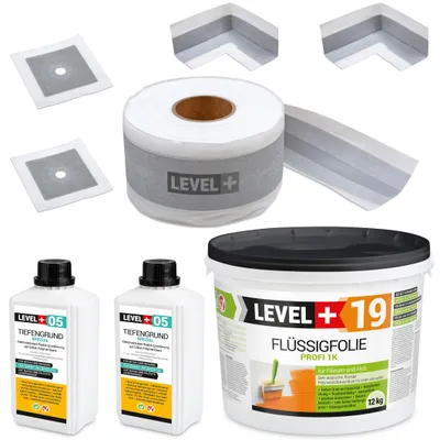 Obrázek produktu pro Hydroizolační sada Tekutá fólie 12kg Páska 10mb Základní nátěr 2L Manžety Rohy Balkon Koupelna LEVEL+ SET523