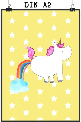 Produktbild von Mr. & Mrs. Panda Bild Einhorn Pupsen DIN A2 - Gelb Pastell - Geschenk, drucke, Freundin, kunstdruck poster, Plakat, wanddeko, Lustig, Unicorn, Spaß, Regenbogen, Glitzer