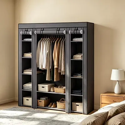 Immagine prodotto di Armadio portatile pieghevole in tessuto, dimensioni 175,26*149,86*44,96 cm, nero/grigio - Organizzatore per armadio portatile con asta appendiabiti e ripiani