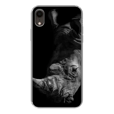 Produktbild von MuchoWow® Handyhülle Schutzhülle Hülle für iPhone XR Nahaufnahme eines Nashorns auf schwarzem Hintergrund Silikon Softcase Handy Hülle - Schutzdeckel