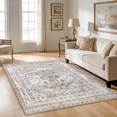 Obrázek produktu pro Vintage pratelný koberec 120 x 180 cm - Hnědý protiskluzový pro obývací pokoj a ložnici