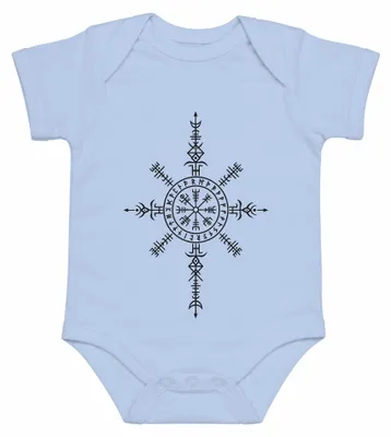 Imagen del producto de Body para bebé, color azul claro, con diseño de Vegvisir vikingo, runas, mitología nórdica y símbolo de Aegishjalmur. Talla: 0/3 meses
