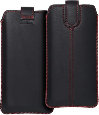 Two black phone cases with red stitching, shown side-by-side.