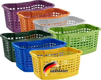 A collection of laundry baskets in various colors.