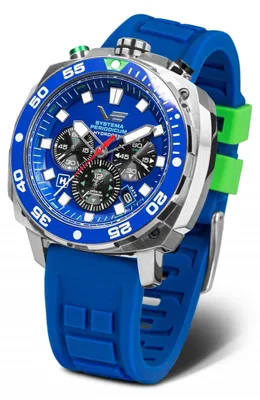 Produktbild von Vostok Europe Systema Periodicum Hydrogen Chronograph Herrenuhr inkl.2 Armbänder Blau Leder/Silikon - VK67-650A720