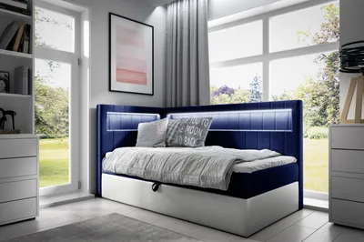Produktbild von Einzelbett 100x200 KISHA 3 – dunkelblau/weiß, links zu öffnen + GRATIS Matratzenauflage