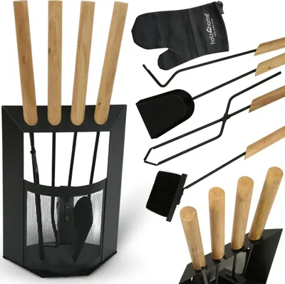 Produktbild von holz4home® Kaminbesteck 6-tlg. Schwarz mit Holzgriff inkl. Ofenhandschuh I Kaminset Kamingarnitur Ofenbesteck Schürhaken Besen Ascheschaufel