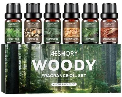 Zdjęcie produktu dla Zestaw olejków eterycznych o zapachu drzewnym, 6 x 10 ml, do dyfuzorów i aromaterapii