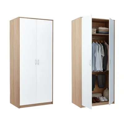 Produktbild von Kleiderschrank mit 2 Türen, 1 Kleiderstange, 1 Einlegeboden, Garderobenschrank 85 cm breit Schrank matte Oberfläche, laminierte Platte sonoma weiß