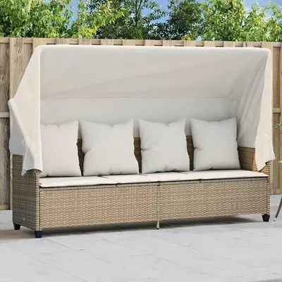 Produktbild von Sonnenliege Gartenliege mit Dach und Kissen Beige Poly Rattan, verstellbare Rückenlehne und Fußteil, PE Rattan Relaxliege mit Sonnenschutz